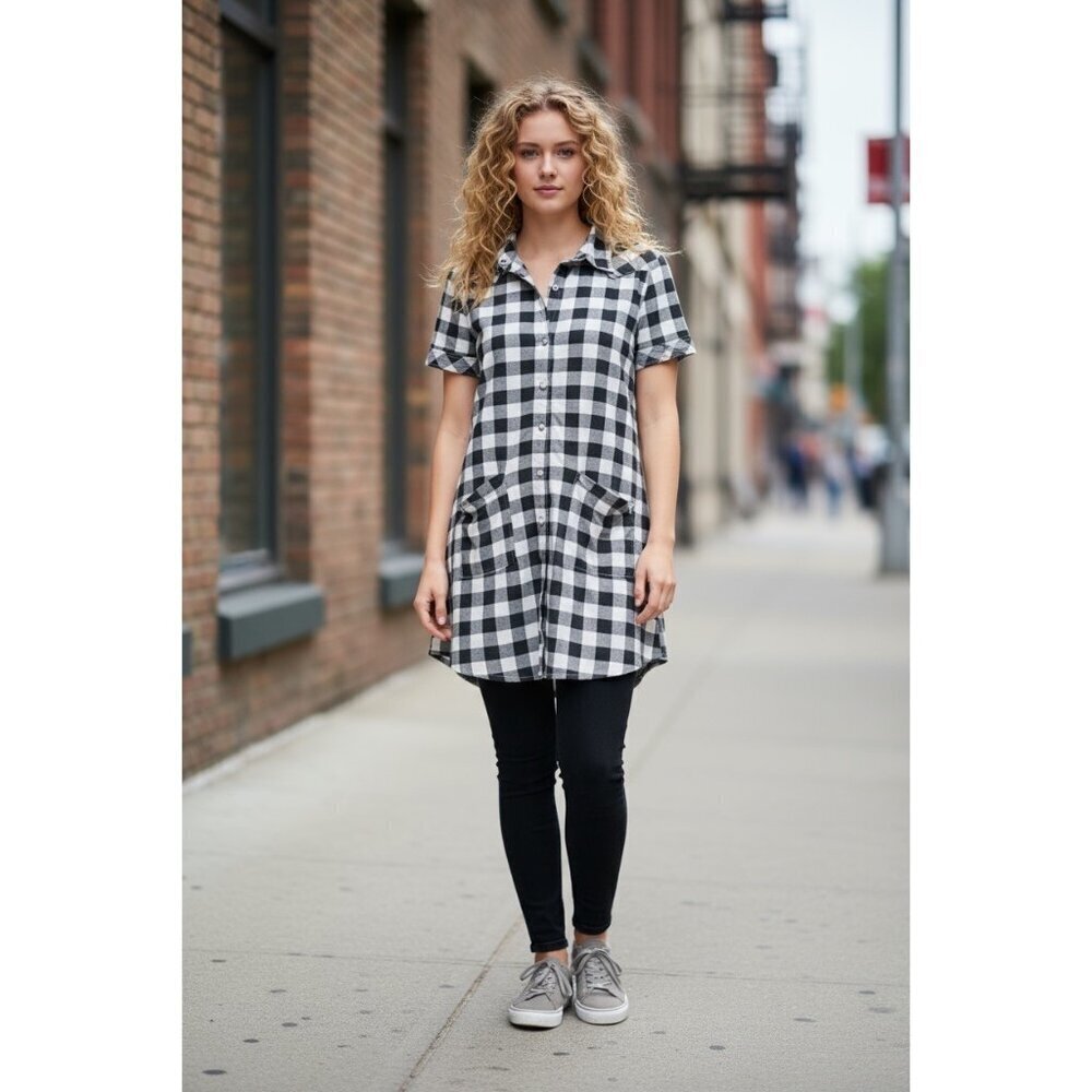 UnionBay Women's Gray & Black Plaid Buttoned Top